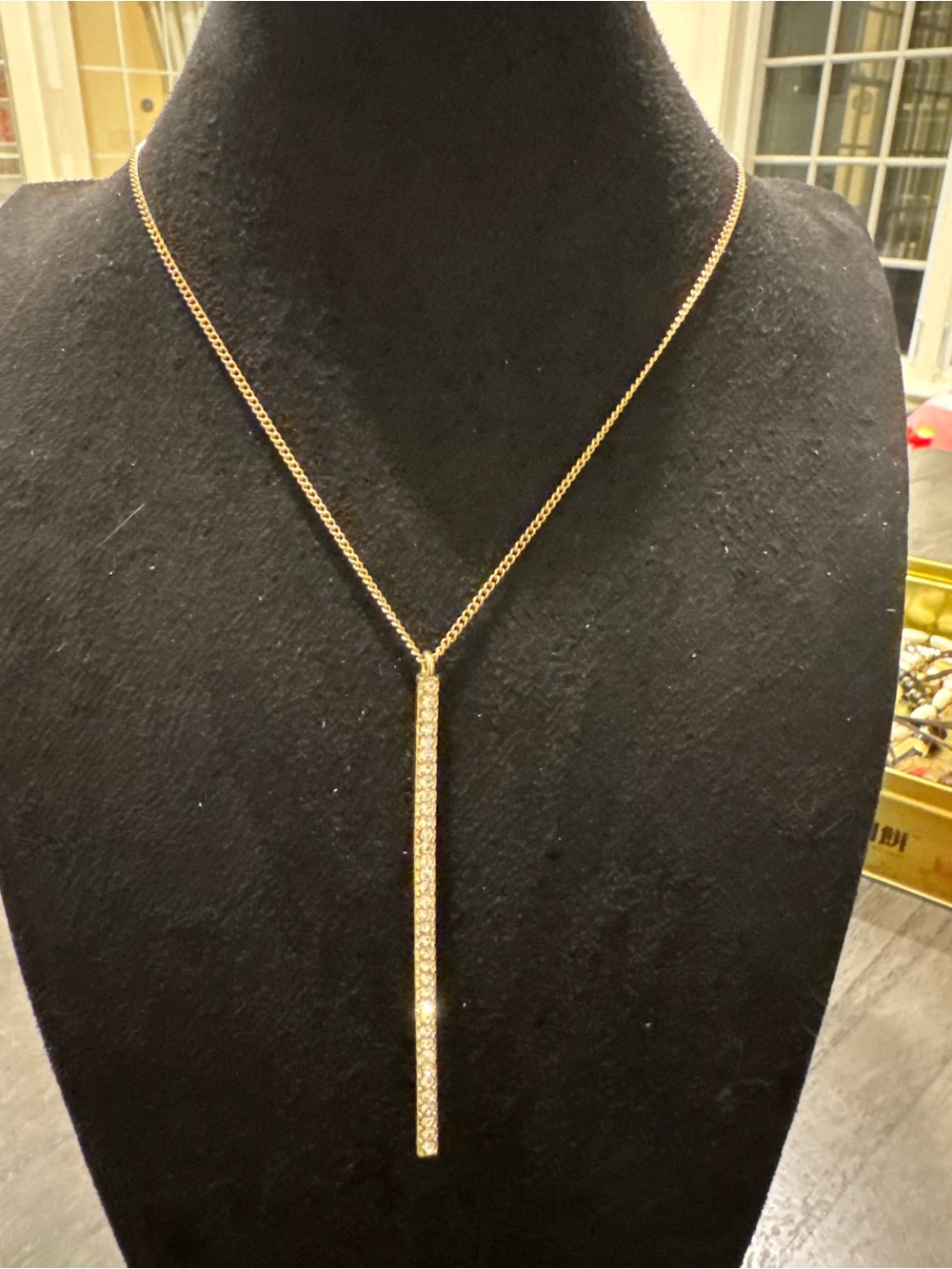 Charming Charlie Gold Tone Rhinestone Long Bar Pendant Necklace